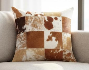 Cowhide Leather Pillow Cover, Genuine Hair-On Hide Cushion for Sofa & Bed