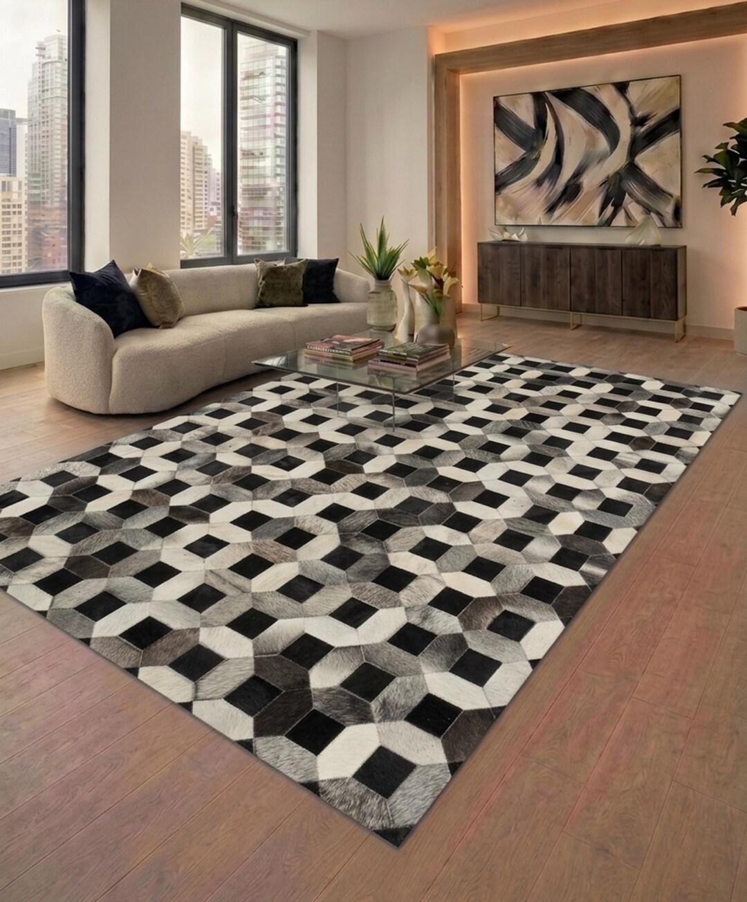 Patchwork Cowhide Rug, Multi Tumbling Blocks Pattern Design, Natural ...