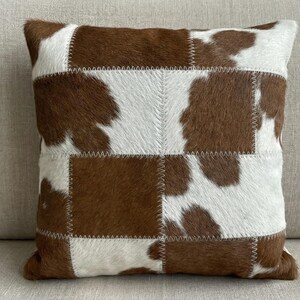 Funda de almohada de piel de vaca con pelo natural, parche de píxeles beige, decoración rústica