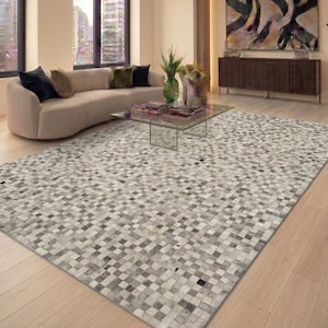Natural Cowhide Rug, Ivory Pixel Mosaic Design, Genuine Cow Skin, Customisable Patchwork 1.5'' Patterns