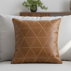 Patchwork Genuine Leather Pillow Cover, Diamond Lattice Pattern Tan Brown