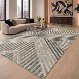 Natural Cowhide Rug, Grey Stripe Mosaic Design, Genuine Cow Skin, Customisable Patchwork Patterns