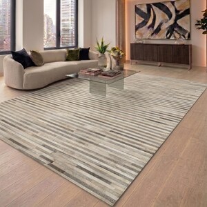Natural Cowhide Rug, Natural Stripe Mosaic Style Design, Genuine Cow Skin, Customisable Patchwork Patterns