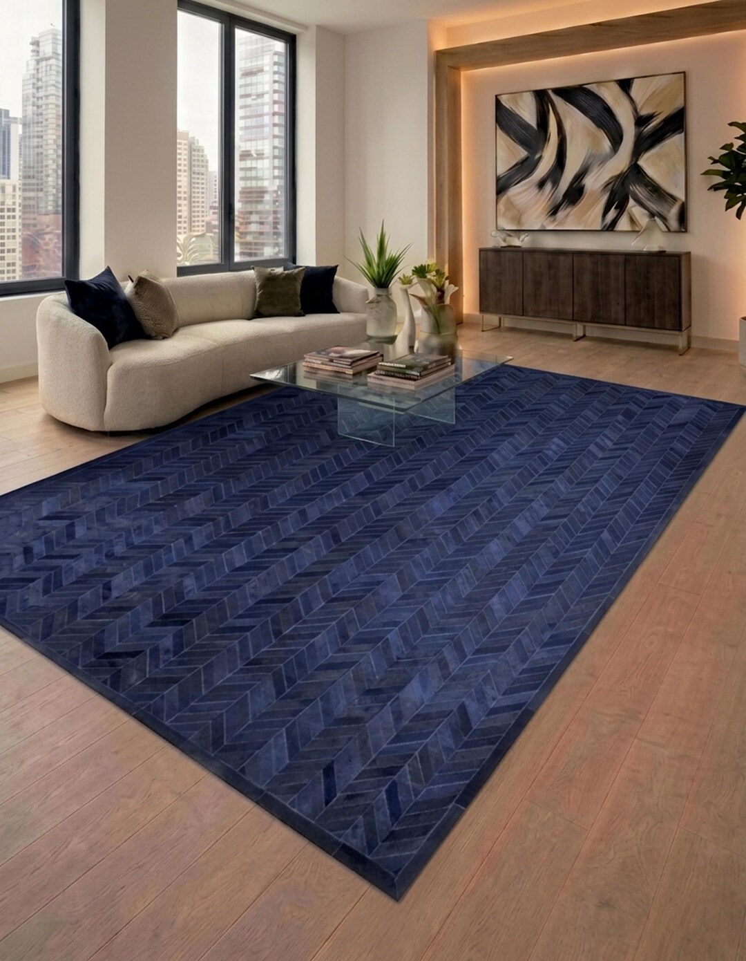 Natural Cowhide Rug, Navy Blue Herringbone Pattern Design, Real Cow ...