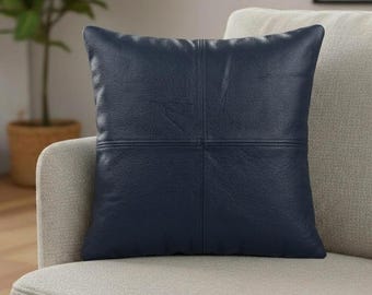 Patchwork Genuine Leather Pillow Cover, Teal Blue