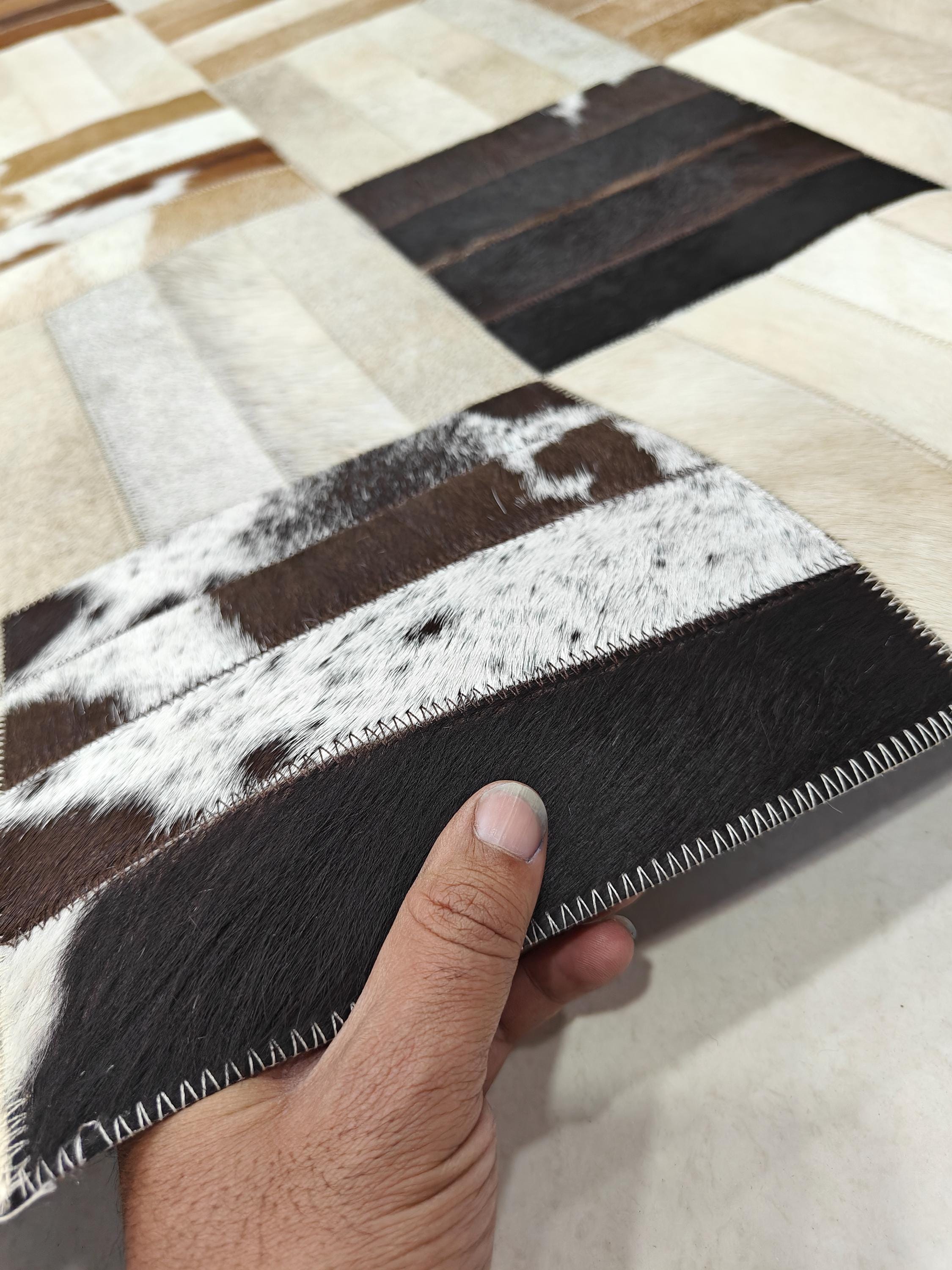 Natural Cowhide Rug, Ivory-brown Modern Geometric-block Pattern Design ...