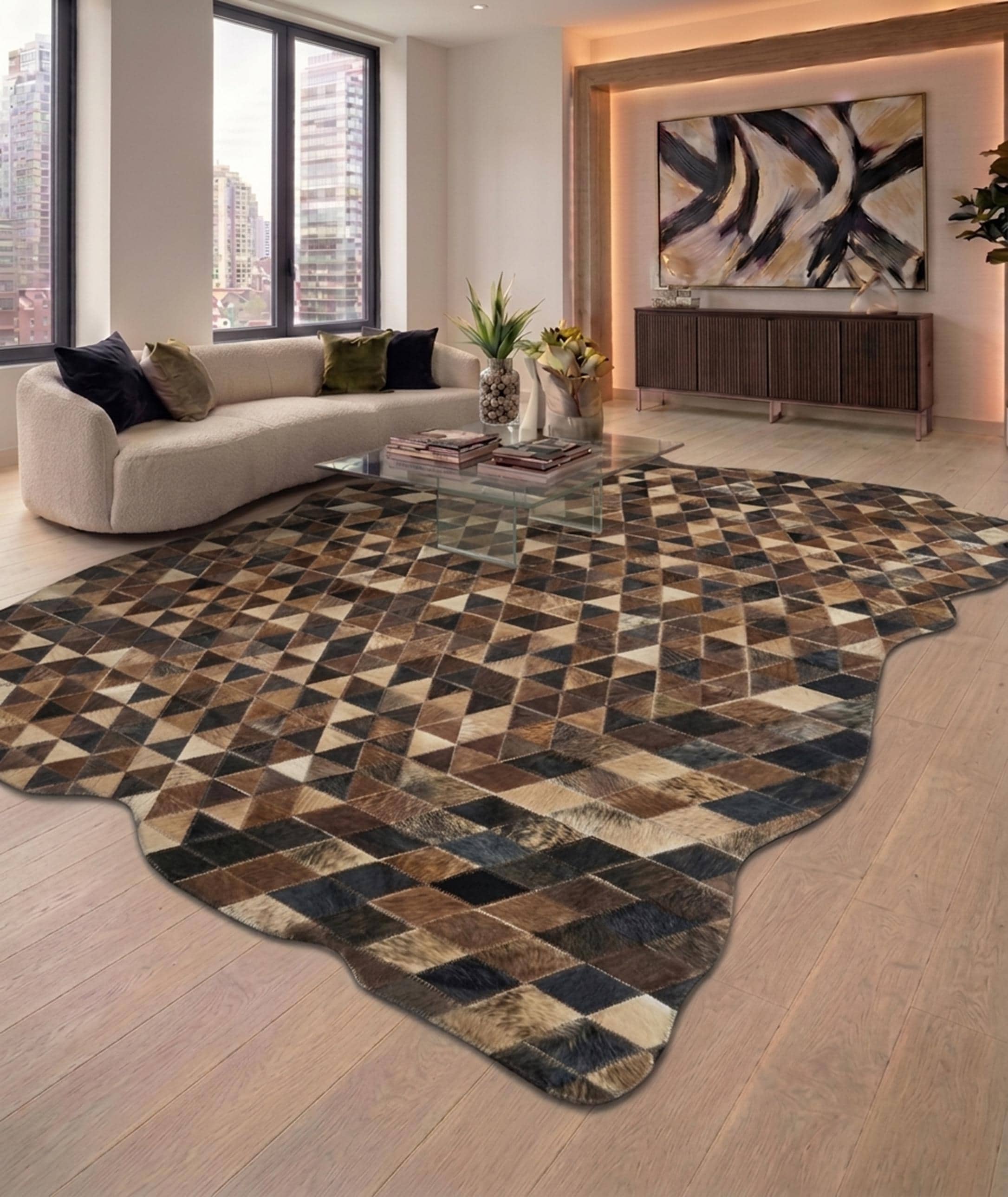 Natural Cowhide Rug, Multi Diamond Rectangle Pixel Design, Genuine Cow ...