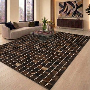 May include: A rectangular area rug featuring a repeating geometric pattern of dark brown, light brown, and white triangular shapes. The rug is constructed from individual panels arranged to create a three-dimensional visual effect on the floor.