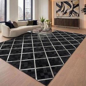 Patchwork Cowhide Rug, Natural Tones, Diamond Lattice Pattern, Ethically Sourced