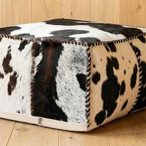 Cowhide Pouf Ottoman, Tri-Color Hair-On Leather Footstool, Without Filler Western Decor, Hand-Stitch Binding