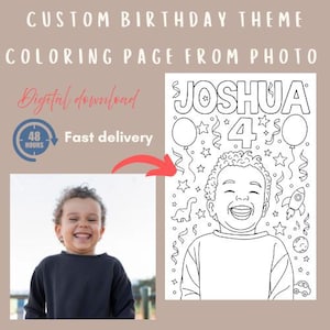 Puede incluir: Una página para colorear con tema de cumpleaños personalizado a partir de una foto. El diseño presenta el nombre "Joshua" y el número "4" con globos, estrellas y un cohete. La imagen también incluye el texto "Descarga digital" y "Entrega rápida".