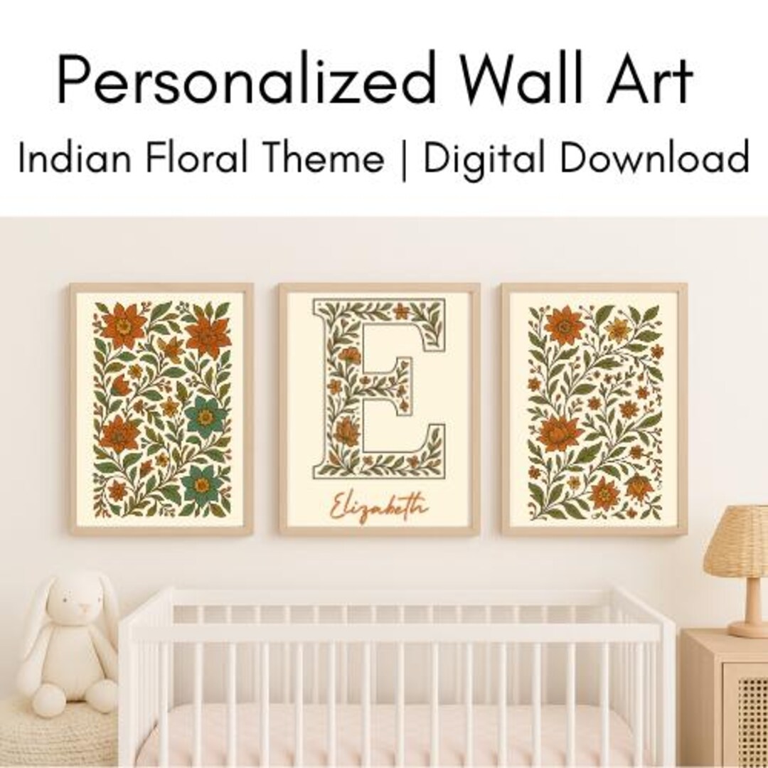 Personalized Wall Art Indian Floral Theme | Custom Initial Nursery ...