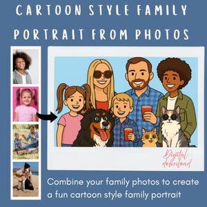 Ritratto di famiglia in stile cartoon personalizzato da foto / Disegno digitale, opera d'arte digitale personalizzata di coppie, famiglie e animali domestici, regalo personalizzato