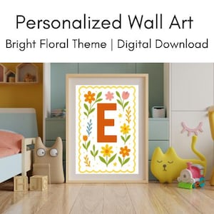 Bright Floral Initial Wall Art - Personalized Floral Nursery Decor, Playroom Name Print, A-Z Letter Poster, Kids Room Printable, Girls Room