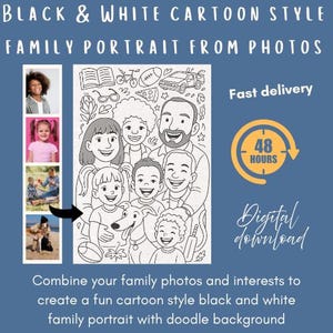 Custom Black & White CARTOON FAMILY PORTRAIT from photos | Digital Drawing, Personalized Digital Artwork of Couples, Pets coloring