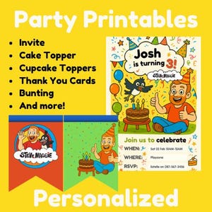 May include: A yellow background with the words "Party Printables" and a list of party supplies. Includes a birthday invitation with a cartoon illustration of a boy, a bird, and a cake. The invitation says "Josh is turning 3!"