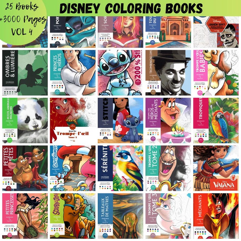 May include: A collection of Disney coloring books, featuring various characters and themes. The books are labeled "Disney Coloring Books" and "Vol 4", with the text "25 Books +3000 Pages". The covers showcase colorful illustrations.