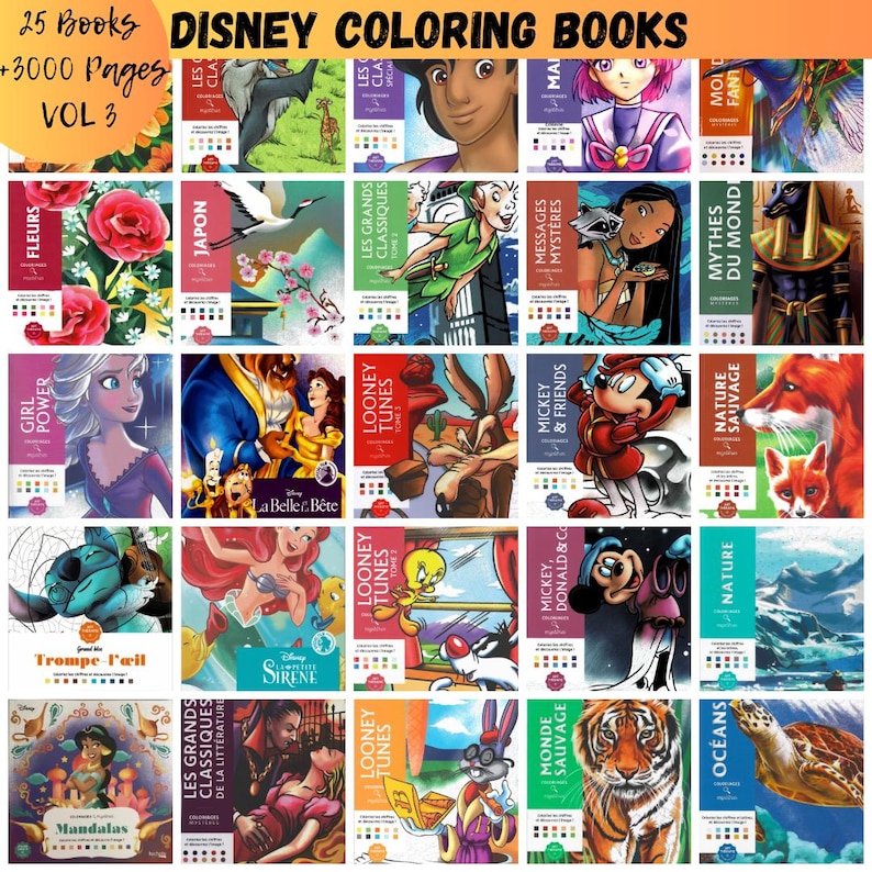 May include: A collection of 25 Disney coloring books, featuring various characters and themes. The covers display colorful illustrations from popular Disney movies and stories. The text on the top reads "DISNEY COLORING BOOKS" and "+3000 Pages VOL 3".