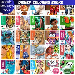 May include: A collection of Disney coloring books. The books feature various Disney characters and themes, with titles in multiple languages. The image includes the text "25 Books +2500 Pages VOL 1" and "DISNEY COLORING BOOKS".