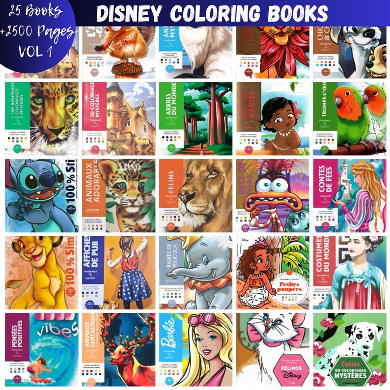 May include: A collection of Disney coloring books. The books feature various Disney characters and themes, with titles in multiple languages. The image includes the text "25 Books +2500 Pages VOL 1" and "DISNEY COLORING BOOKS".