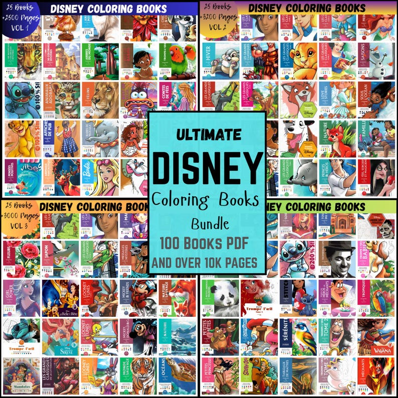 May include: A collection of Disney coloring books. The image displays a bundle of 100 PDF coloring books with over 10,000 pages. The covers feature various Disney characters and themes, with text that reads "Ultimate Disney Coloring Books Bundle."