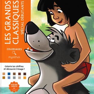 May include: A Disney coloring book titled "LES GRANDS CLASSIQUES SP&Eacute;CIAL D&Eacute;BUTANTS" features a cartoon image of a boy riding a bear. The book cover has orange and white text, with the Disney logo at the top. The book is for children.
