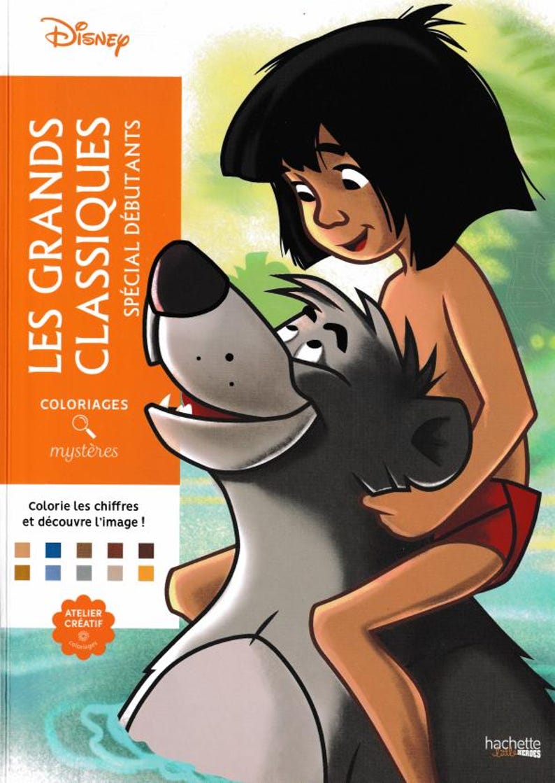 May include: A Disney coloring book titled "LES GRANDS CLASSIQUES SP&Eacute;CIAL D&Eacute;BUTANTS" features a cartoon image of a boy riding a bear. The book cover has orange and white text, with the Disney logo at the top. The book is for children.