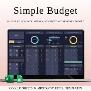 May include: A laptop screen displaying a "Simple Budget" template. The screen shows budget categories, cash flow summaries, and expense trackers. The text "GOOGLE SHEETS & MICROSOFT EXCEL TEMPLATES" is at the bottom.