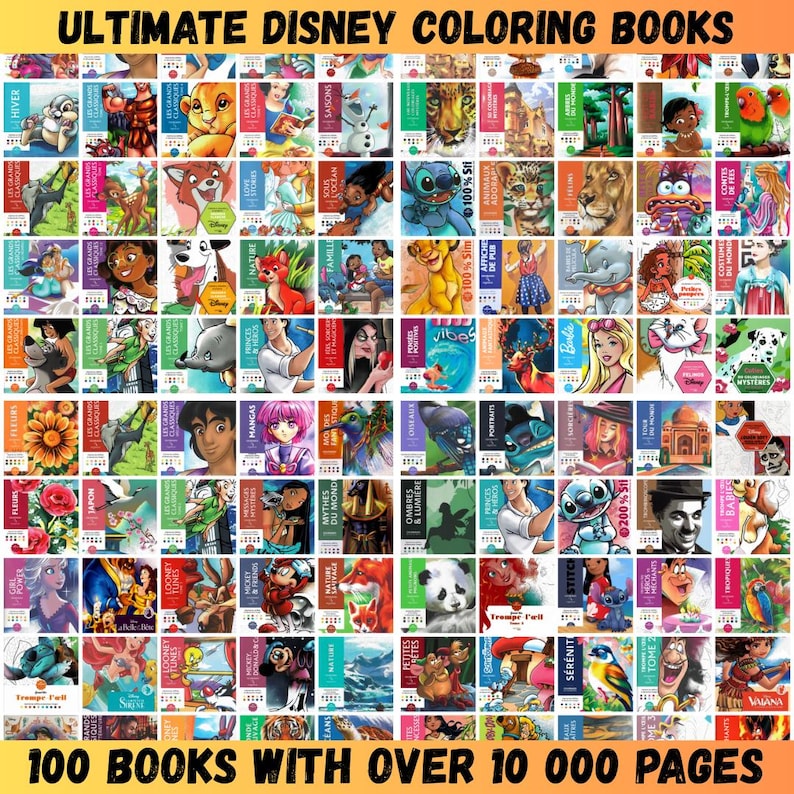 May include: A collection of Disney coloring books, featuring various characters and themes. The image displays 100 books with over 10,000 pages, with titles like "Mickey", "Stitch", and "Barbie". The books have colorful covers and are arranged in a grid.