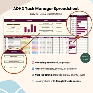 ADHD Task Manager Google Spreadsheet | Task Tracker | ADHD Planner | Digital Planner | ADHD Spreadsheet | To-Do List | Weekly Task Sheet