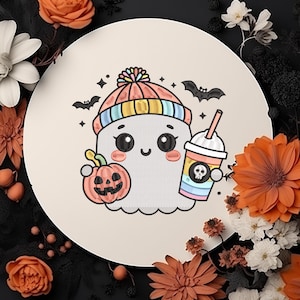 Ghost with Coffee And Pumpkin Embroidery Digital, Spooky Season Embroidery,Halloween Embroidery Digital, 6 size Embroidery Instant downloads