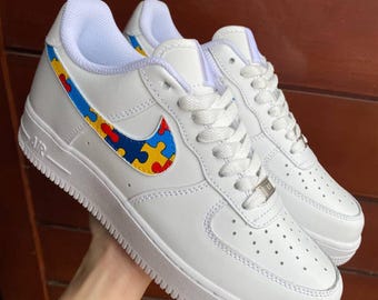 Hand Painted Autism Awareness Air Force 1 For Kids: Rainbow Puzzle Swoosh