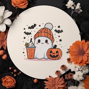 Ghost with Coffee And Pumpkin Embroidery, Spooky Season Embroidery Digital, Halloween Embroidery Design, 6 size Embroidery Instant downloads
