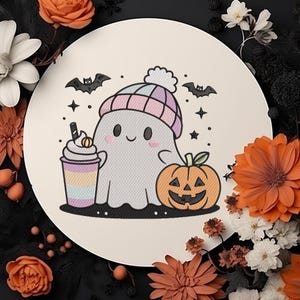 Ghost with Coffee And Pumpkin Embroidery, Spooky Season Embroidery Logo, Halloween Embroidery Designs, 6 size Embroidery Instant downloads