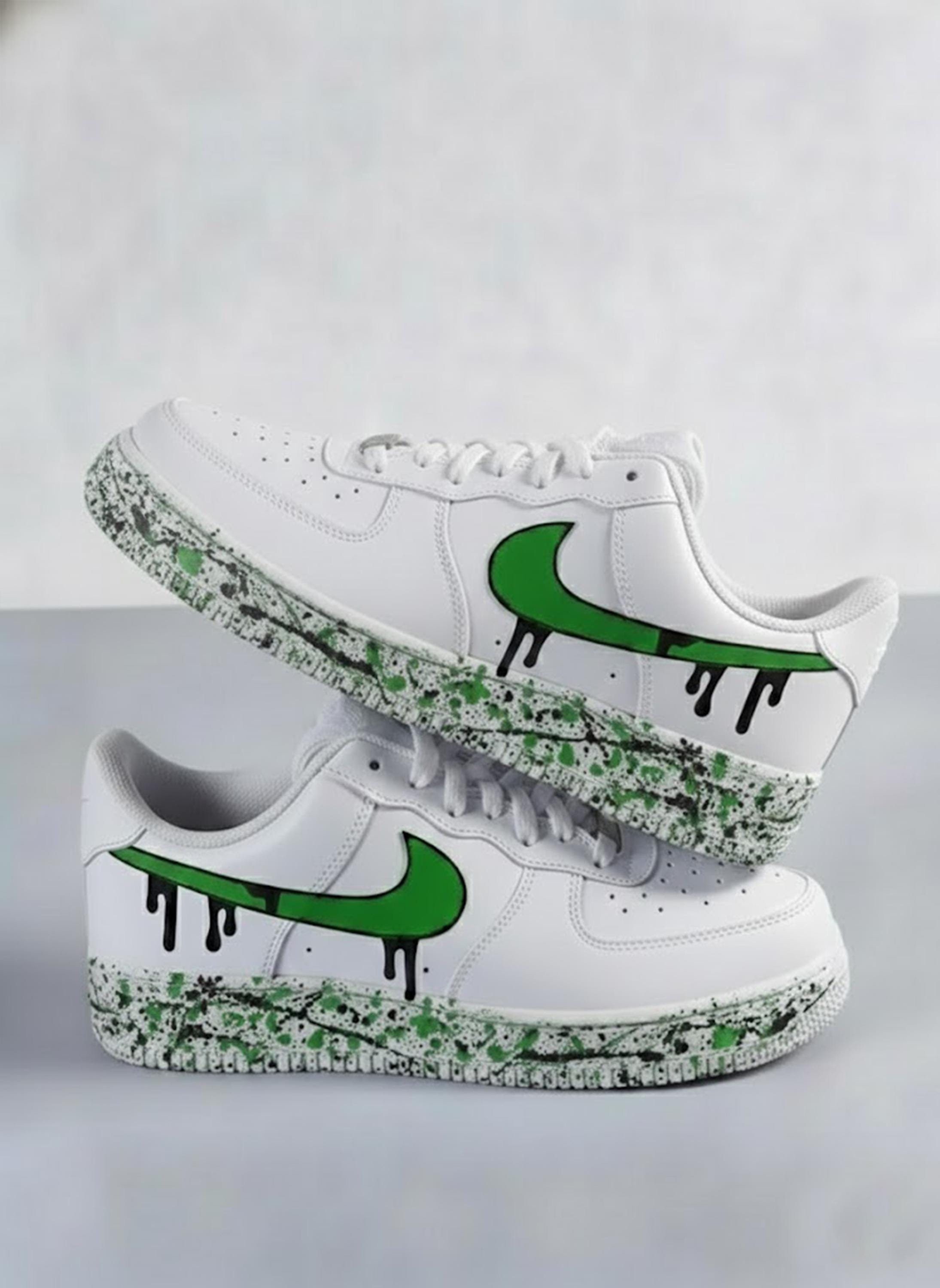 Custom Drip Art Air Force 1 Sneakers, Hand-painted Green 