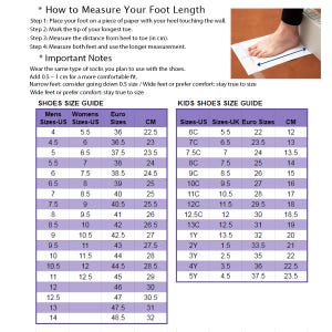 Puede incluir: Una gu&iacute;a sobre c&oacute;mo medir la longitud del pie, con instrucciones y una tabla de conversi&oacute;n de tallas de zapatos. Incluye tallas de EE. UU., Reino Unido y Euro, con medidas en cent&iacute;metros. Tambi&eacute;n proporciona consejos.