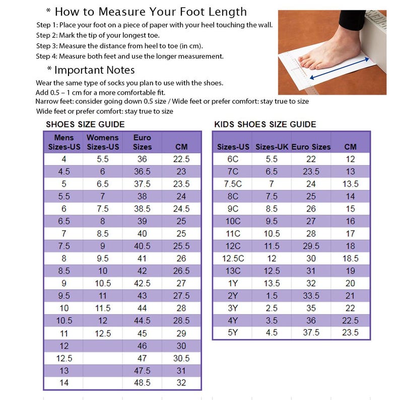 Puede incluir: Una gu&iacute;a sobre c&oacute;mo medir la longitud del pie, con instrucciones y una tabla de conversi&oacute;n de tallas de zapatos. Incluye tallas de EE. UU., Reino Unido y Euro, con medidas en cent&iacute;metros. Tambi&eacute;n proporciona consejos.