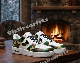 Aangepaste Woodland Camouflage Air Force 1-sneakers, handgeschilderde militaire streetwear AF1