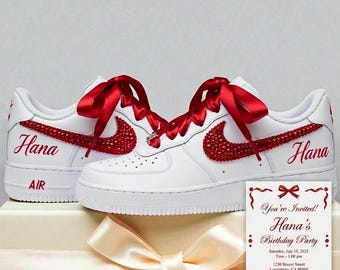 Custom Air Force 1 Sneakers, Red Rhinestone, Satin Ribbon, Personalized Name Shoes, Wedding Personalized AF1