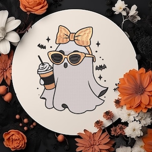 Ghost with Coffee And Pumpkin Embroidery Digital, Spooky Season Embroidery, Halloween Embroidery Files, 6 size Embroidery Instant downloads