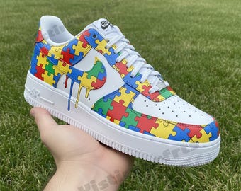 Custom Hand-Painted Autism Awareness Air Force 1 Sneakers, Puzzle Drip Design