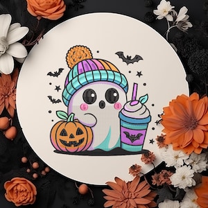 Ghost with Coffee And Pumpkin Embroidery Digital, Spooky Season Embroidery, Halloween Embroidery Design, 6 size Embroidery Instant downloads