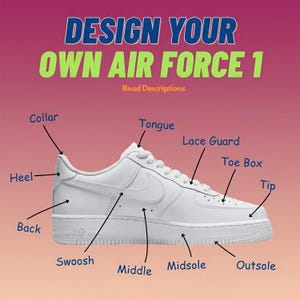 May include: White Air Force 1 sneaker with labeled parts: collar, tongue, lace guard, toe box, tip, heel, back, swoosh, middle, midsole, and outsole. Text reads "DESIGN YOUR OWN AIR FORCE 1" and "Read Descriptions".