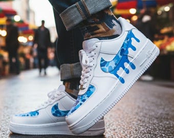 Hand Painted Blue Camo Drip Sneakers, Custom AF1, Sneakerhead Gift
