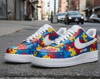 Hand Painted Autism Awareness Air Force 1 For Kids: Rainbow Puzzle Swoosh