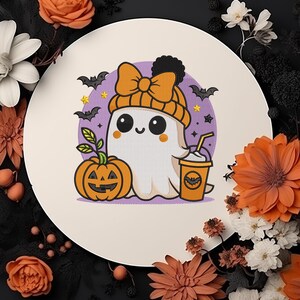 Ghost with Coffee And Pumpkin Embroidery Design, Spooky Season Embroidery Digital, Halloween Embroidery, 6 size Embroidery Instant downloads
