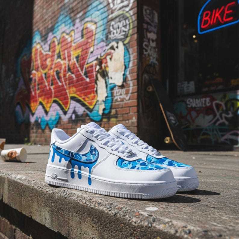 Hand Painted Blue Camo Drip Sneakers, Custom AF1, Sneakerhead Gift - Etsy