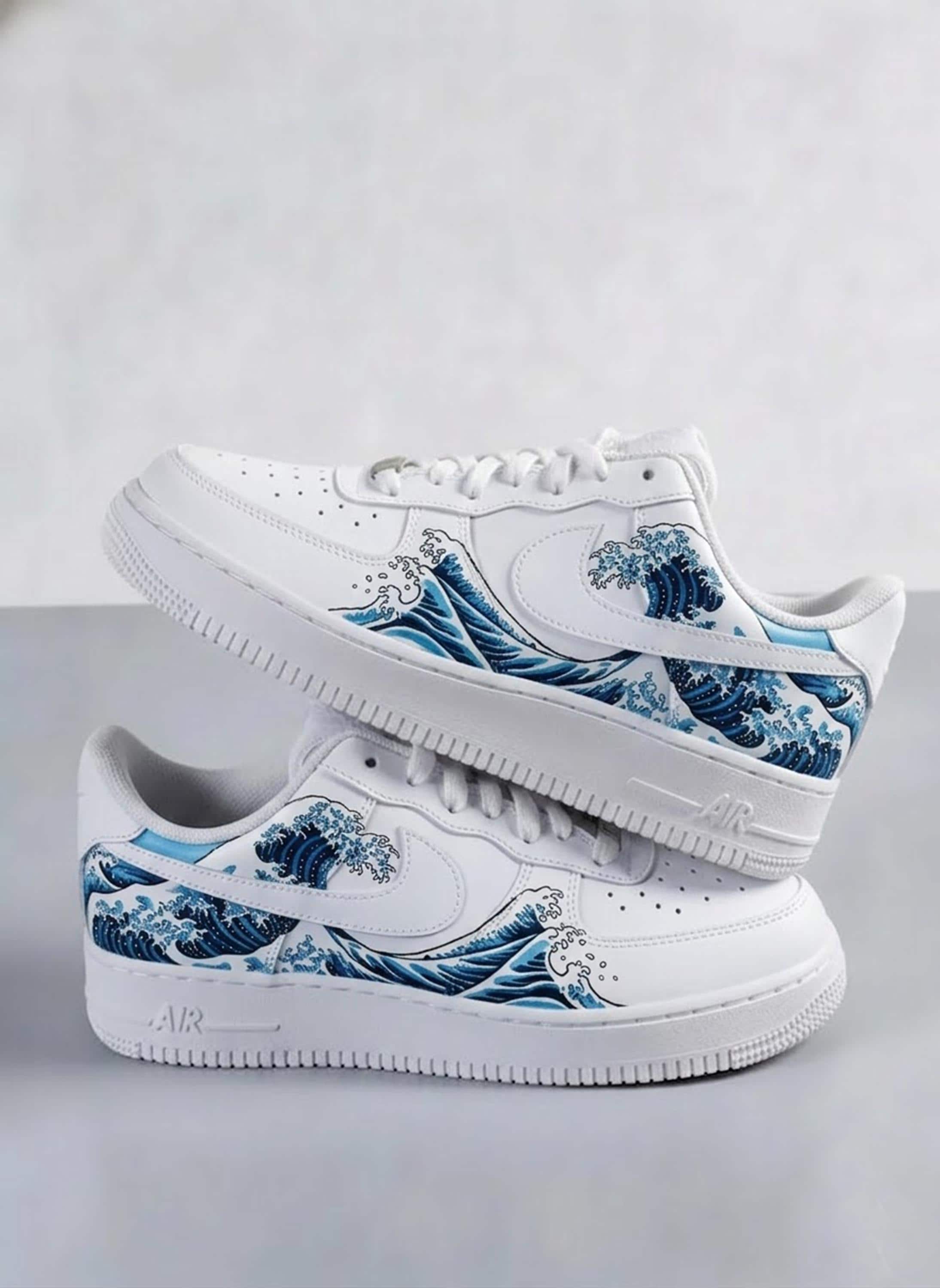Custom Hand Painted Wave AF1 Sneakers Mens 11 Streetwear Coastal Y2K Art Custom Nike Air Force 1 “surfer Wave Swoosh” Unique and  main image 4