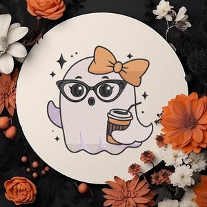 Ghost with Coffee And Pumpkin Embroidery Designs, Spooky Season Embroidery, Halloween Embroidery Files, 6 size Embroidery Instant downloads
