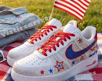 Custom America Rhinestone Air Force 1, 250th Anniversary Independence Day Sneakers, Bling American Flag AF1